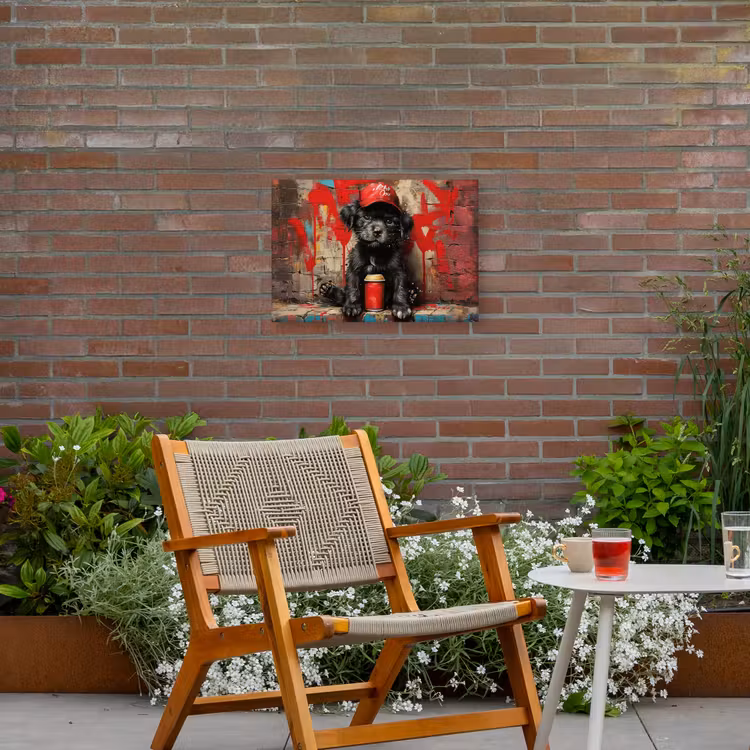 Puppy met Rode Pet en Spuitbus Tuinposter op houten frame 2 cm dik klein -sfeer3