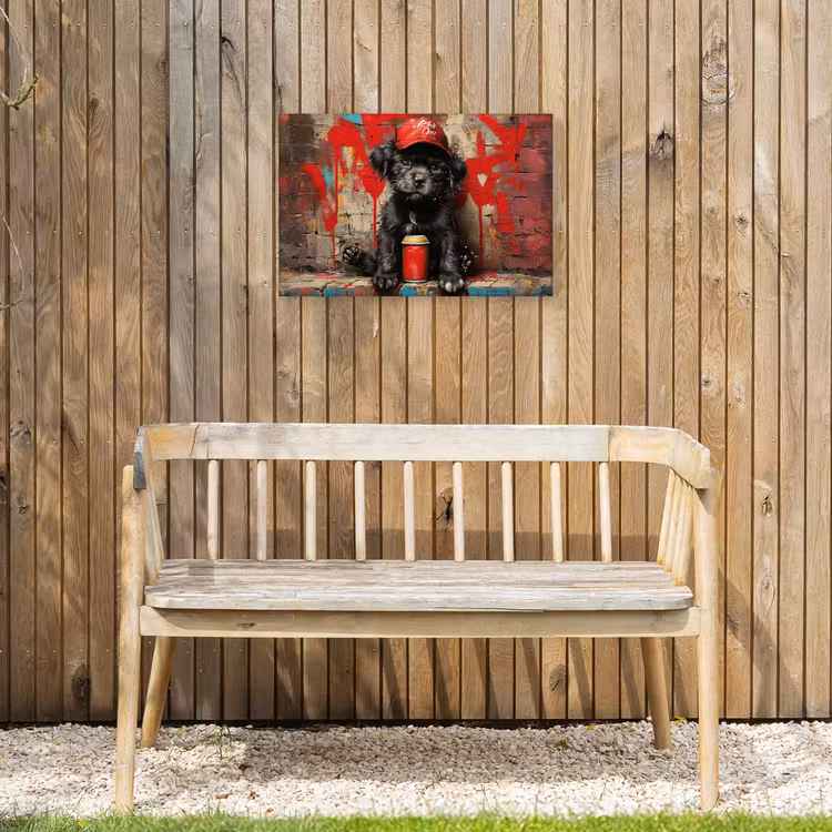 Puppy met Rode Pet en Spuitbus Tuinposter op houten frame 2 cm dik klein -sfeer4