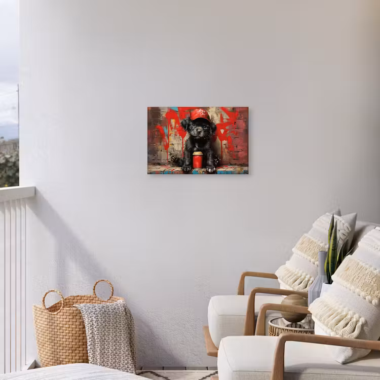Puppy met Rode Pet en Spuitbus Tuinposter op houten frame 2 cm dik klein -sfeer1