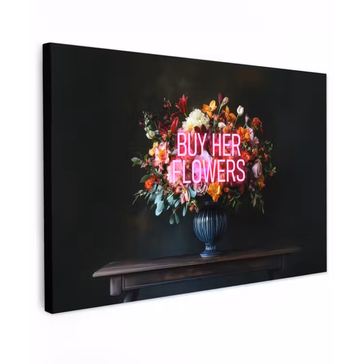 Quote - Bloemen - Vaas - Neon Tuinposter op houten frame 2 cm dik klein -3d