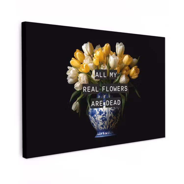 Quotes - Bloem - Tulp - Geel Tuinposter op houten frame 2 cm dik klein -3d