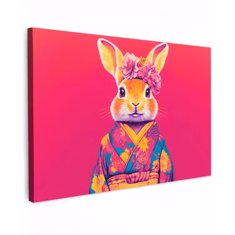 Konijn - Bloemen - Kleurrijk - Kimono Tuinposter op houten frame 2 cm dik klein -3d