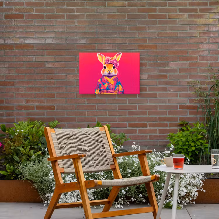 Konijn - Bloemen - Kleurrijk - Kimono Tuinposter op houten frame 2 cm dik klein -sfeer3