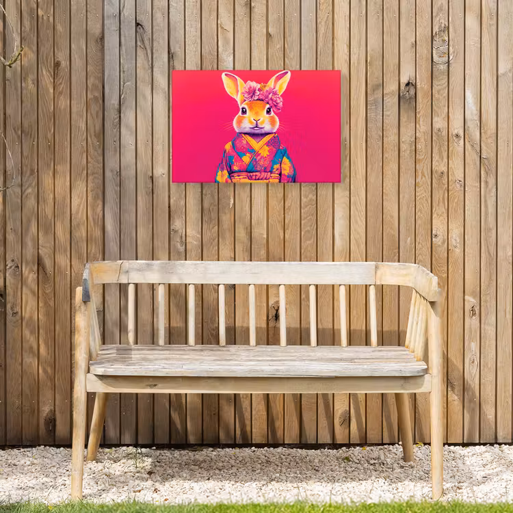 Konijn - Bloemen - Kleurrijk - Kimono Tuinposter op houten frame 2 cm dik klein -sfeer4