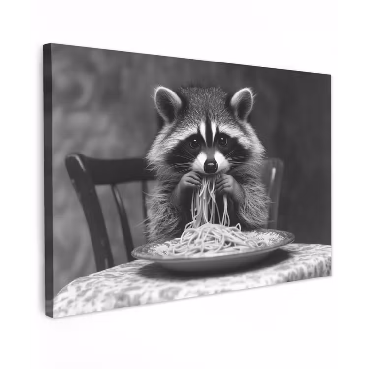 Wasbeer - Cute - Pasta - Tafelkleed - Zwart - Wit Tuinposter op houten frame 2 cm dik klein -3d