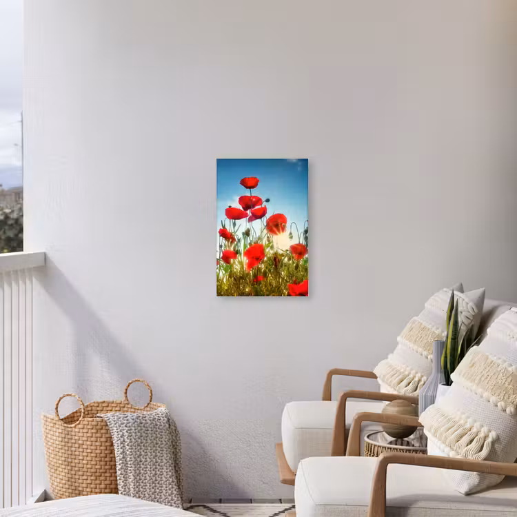Rode klaprozen tegen de hemel Tuinposter op houten frame 2 cm dik klein -sfeer1