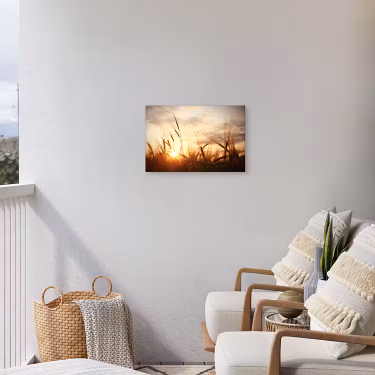 Riet - Gras - Zonsondergang - Natuur - Horizon Tuinposter op houten frame 2 cm dik klein -sfeer1