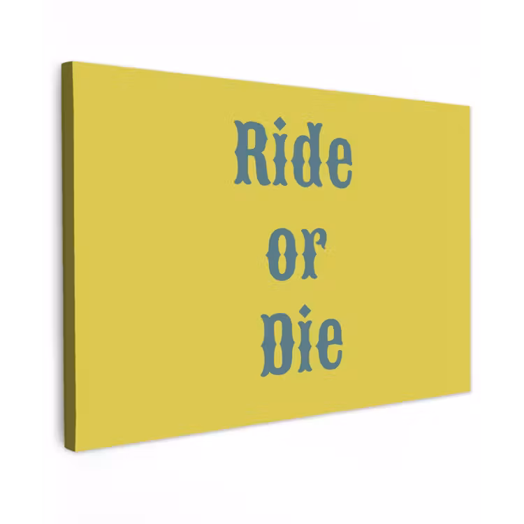 Ride or die - Geel - Blauw Tuinposter op houten frame 2 cm dik klein -3d