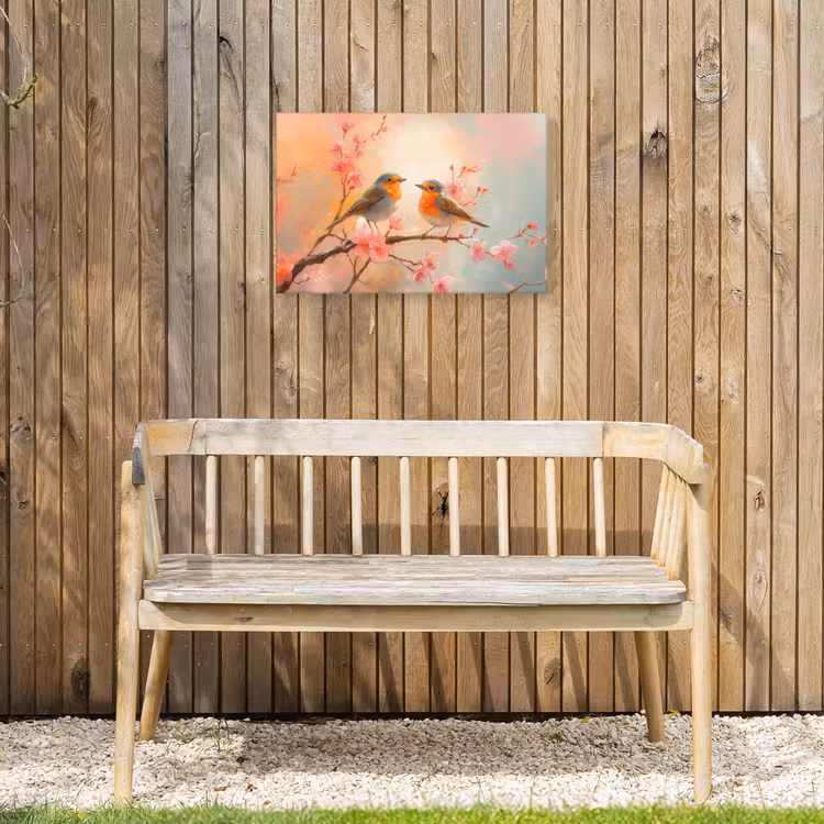 Roodborstjes - Sierlijk - Bloesemtak Tuinposter op houten frame 2 cm dik klein -sfeer4