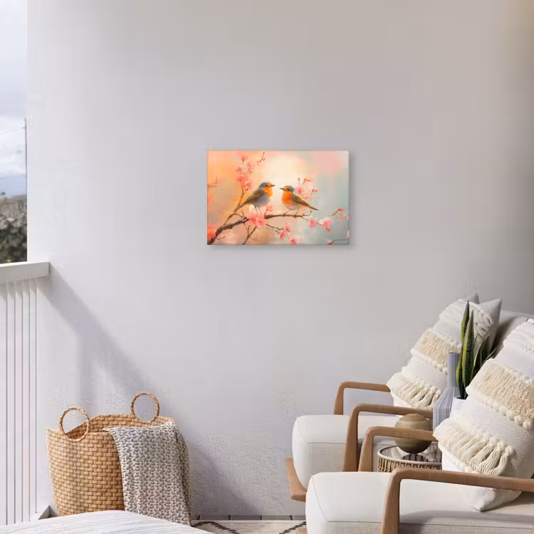 Roodborstjes - Sierlijk - Bloesemtak Tuinposter op houten frame 2 cm dik klein -sfeer1