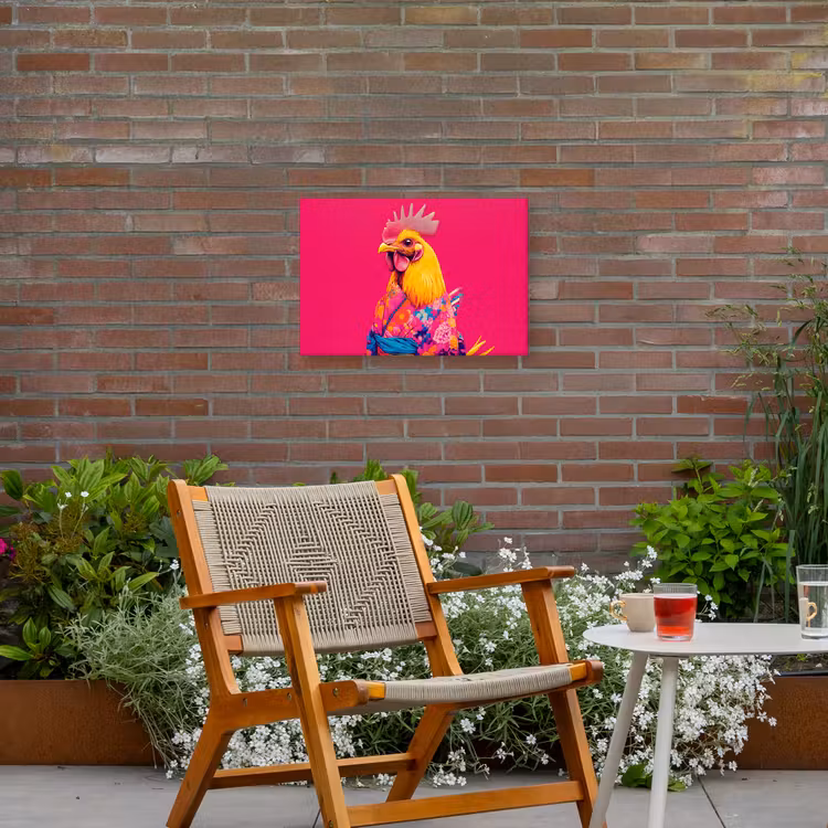 Haan - Kleurrijk - Kimono - Roze Tuinposter op houten frame 2 cm dik klein -sfeer3