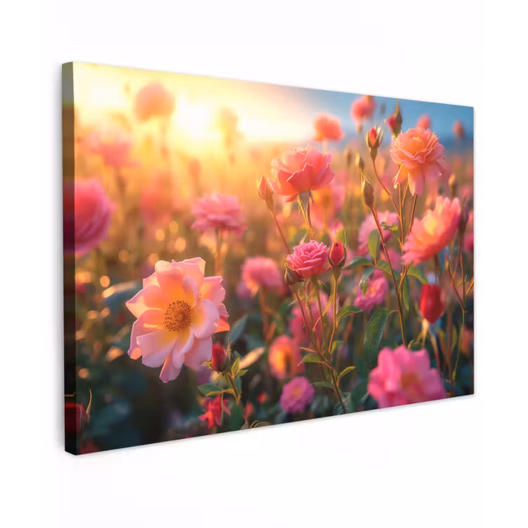 Rozenveld in gouden avondlicht Tuinposter op houten frame 2 cm dik klein -3d