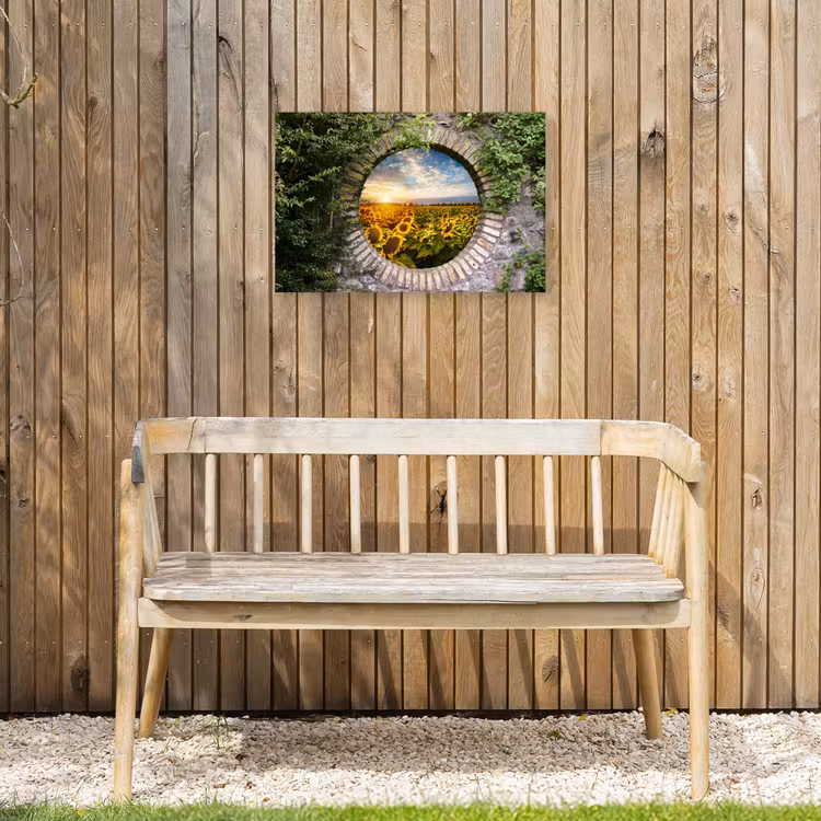 Ronde poort naar zonnebloemveld Tuinposter op houten frame 2 cm dik klein -sfeer4