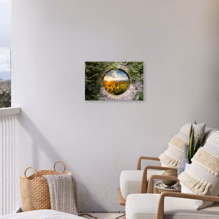 Ronde poort naar zonnebloemveld Tuinposter op houten frame 2 cm dik klein -sfeer1