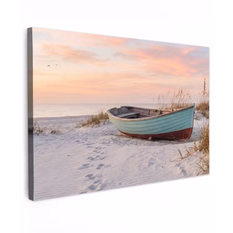Rustiek - Roeiboot - Zandstrand Tuinposter op houten frame 2 cm dik klein -3d