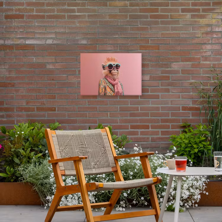 Sjaal - Aap - Zonnebril - Jasje Tuinposter op houten frame 2 cm dik klein -sfeer3