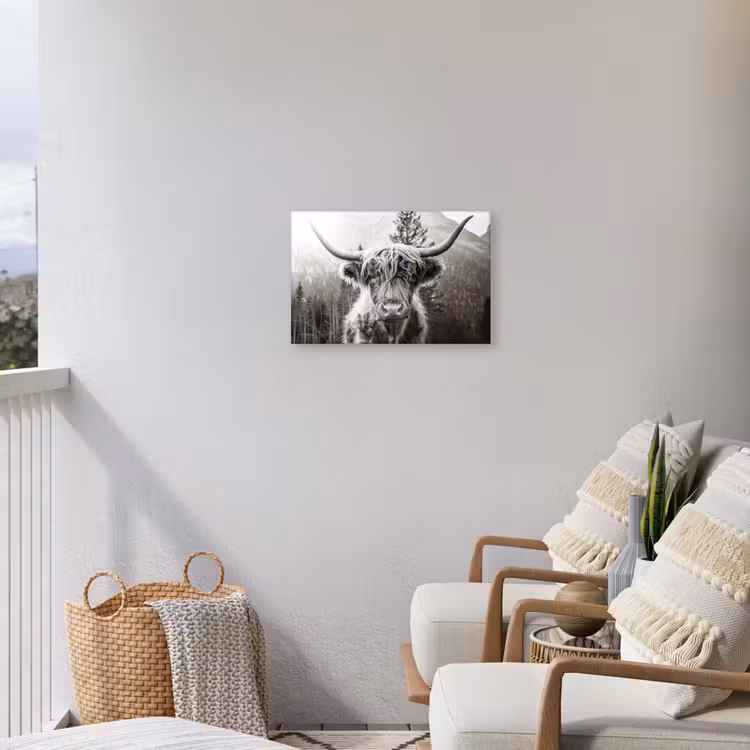 Schotse hooglander - Koe - Dieren - Zwart - Wit Tuinposter op houten frame 2 cm dik klein -sfeer1