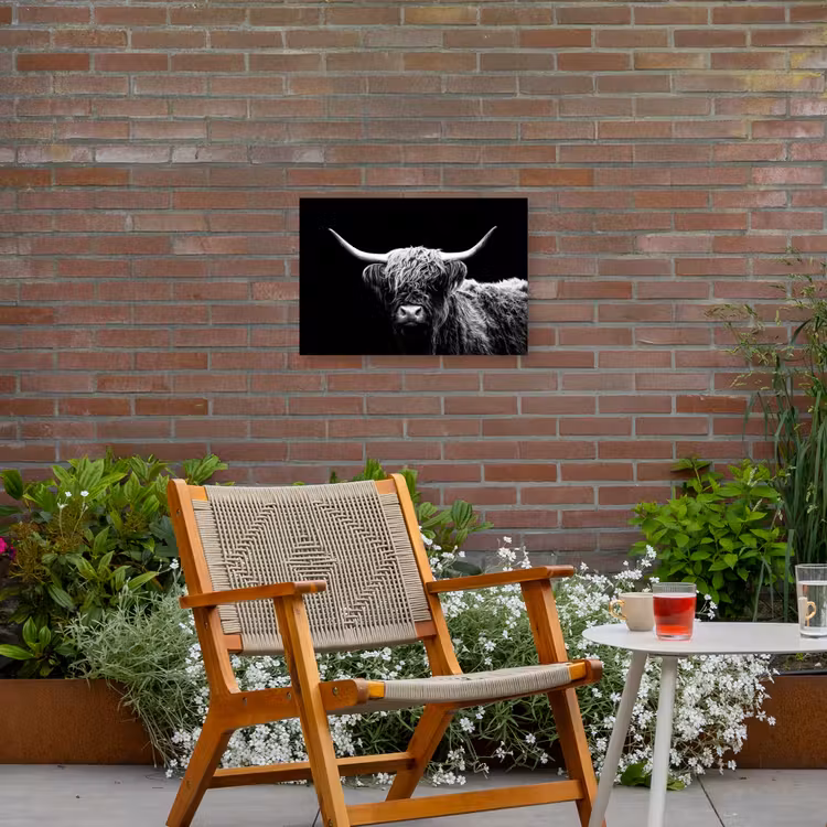 Schotse Hooglander - Koe - Zwart - Wit - Dieren Tuinposter op houten frame 2 cm dik klein -sfeer3