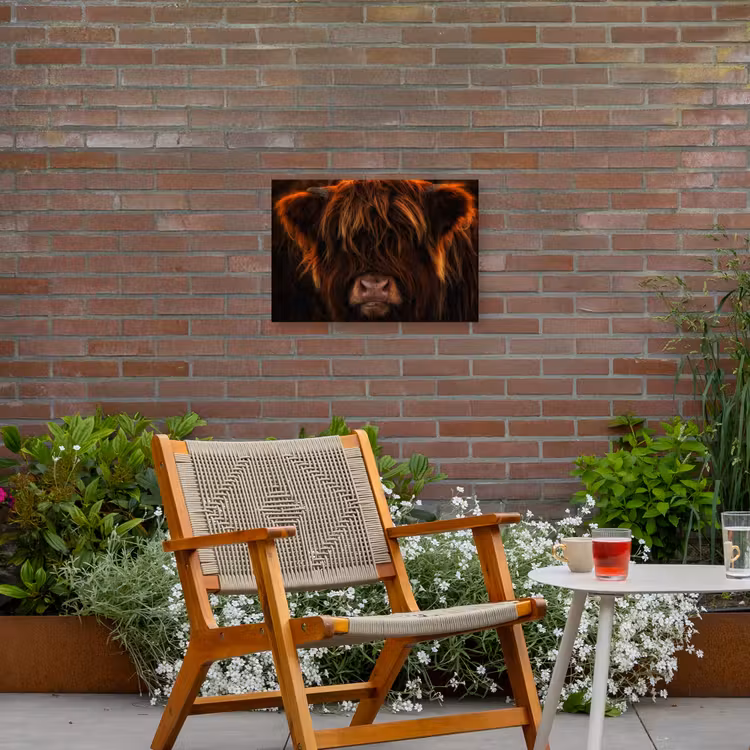 Schotse Hooglander - Koe - Portret - Dieren Tuinposter op houten frame 2 cm dik klein -sfeer3