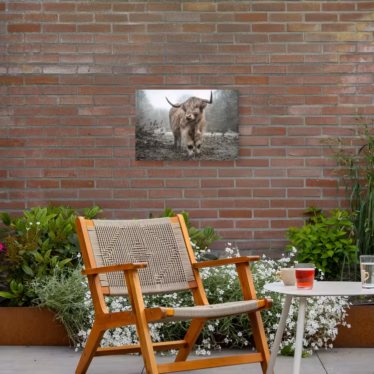 Schotse Hooglander - Bos - Mist - Koe - Dieren - Natuur Tuinposter op houten frame 2 cm dik klein -sfeer3