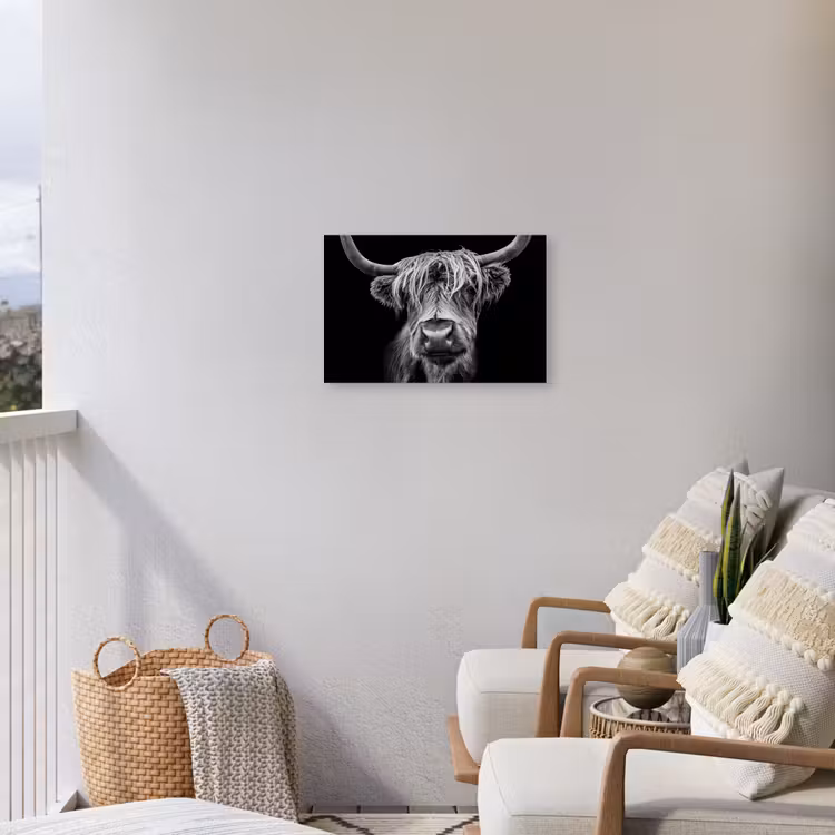 Schotse Hooglander - Horens - Zwart - Wit - Koe - Wild - Dieren Tuinposter op houten frame 2 cm dik klein -sfeer1