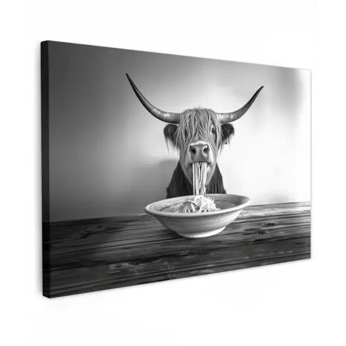 Schotse Hooglander - Spaghetti - Dieren - Zwart wit Tuinposter op houten frame 2 cm dik klein -3d