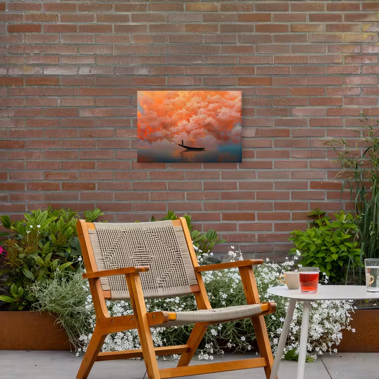 Zee - Boot - Wolken - Oranje Tuinposter op houten frame 2 cm dik klein -sfeer3