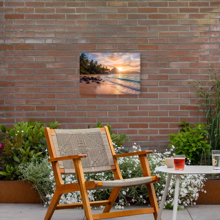 Zee - Berg - Landschap - Tropisch - Goud Tuinposter op houten frame 2 cm dik klein -sfeer3