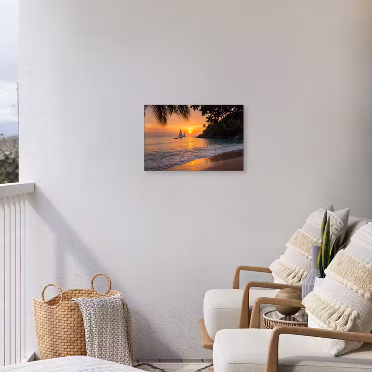 Zee - Zonsondergang - Boot - Natuur - Oranje Tuinposter op houten frame 2 cm dik klein -sfeer1