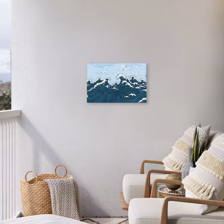 Zee - Golven - Japans - Natuur - Blauw Tuinposter op houten frame 2 cm dik klein -sfeer1