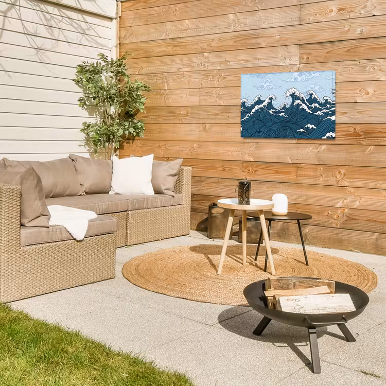 Zee - Golven - Japans - Natuur - Blauw Tuinposter op houten frame 2 cm dik klein -sfeer2