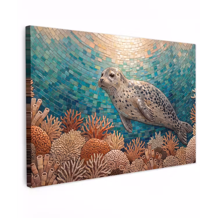Zeehond - Mozaïek - Onderwater - Dieren - Blauw Tuinposter op houten frame 2 cm dik klein -3d