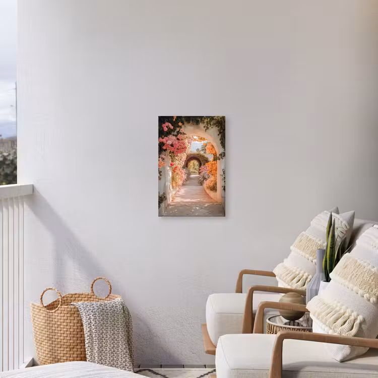 Doorkijk - Boog - Bloemen - Pastel Tuinposter op houten frame 2 cm dik klein -sfeer1