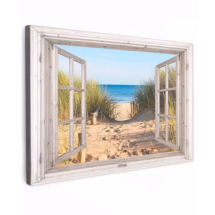 Doorkijk - Strand - Zee - Duinen - Zand - Water - Helmgras Tuinposter op houten frame 2 cm dik klein -3d