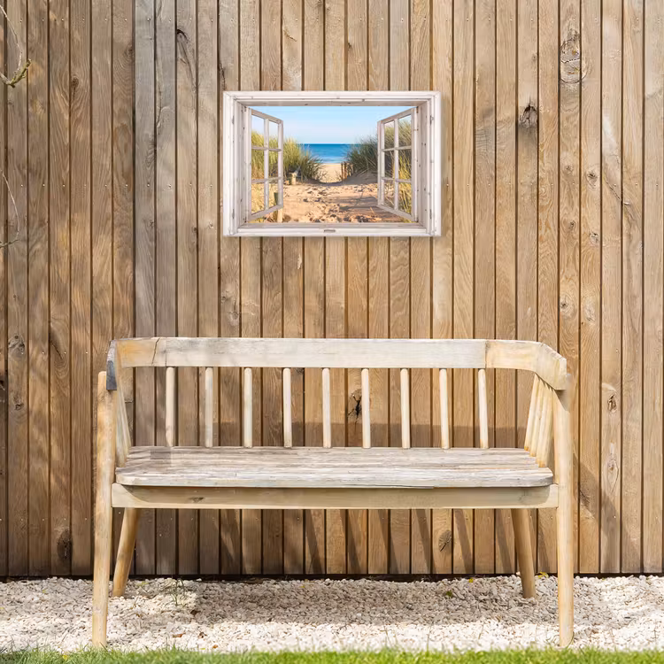 Doorkijk - Strand - Zee - Duinen - Zand - Water - Helmgras Tuinposter op houten frame 2 cm dik klein -sfeer4