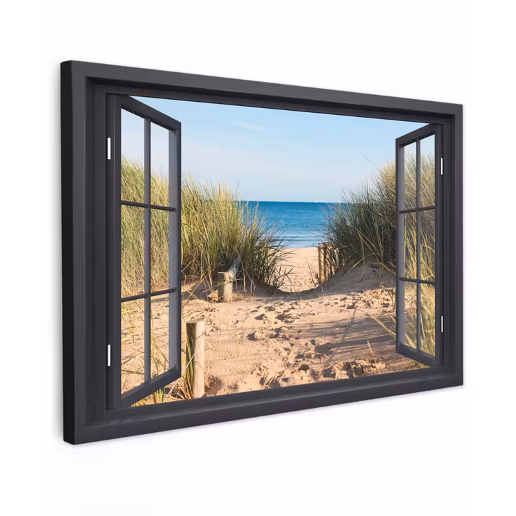 Doorkijk - Strand - Zee - Zand - Water - Helmgras - Duinen Tuinposter op houten frame 2 cm dik klein -3d