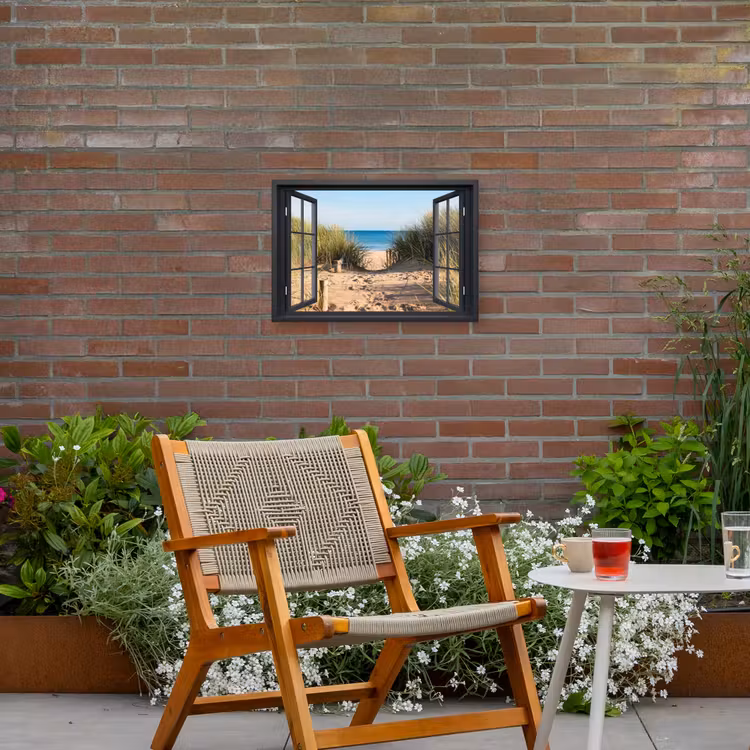 Doorkijk - Strand - Zee - Zand - Water - Helmgras - Duinen Tuinposter op houten frame 2 cm dik klein -sfeer3
