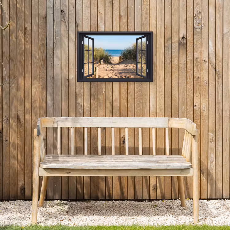 Doorkijk - Strand - Zee - Zand - Water - Helmgras - Duinen Tuinposter op houten frame 2 cm dik klein -sfeer4