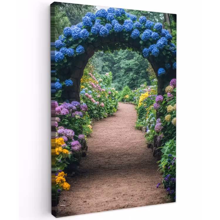 Doorkijk - Bloemen - Hortensia - Pad Tuinposter op houten frame 2 cm dik klein -3d