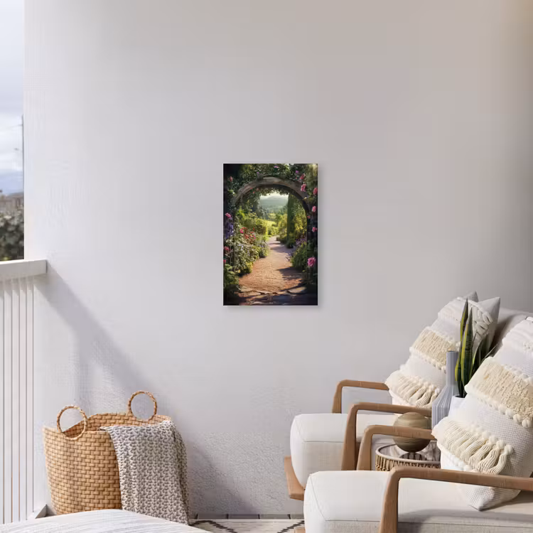 Doorkijk - Bloemen - Natuur - Rozenboog Tuinposter op houten frame 2 cm dik klein -sfeer1