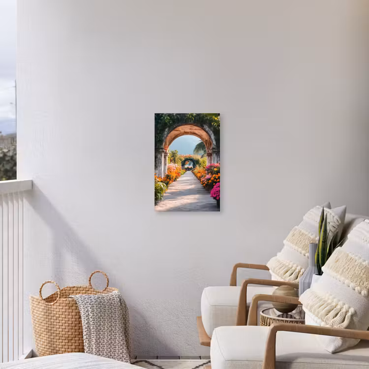 Doorkijk - Bloemen - Tropisch - Kleurrijk Tuinposter op houten frame 2 cm dik klein -sfeer1