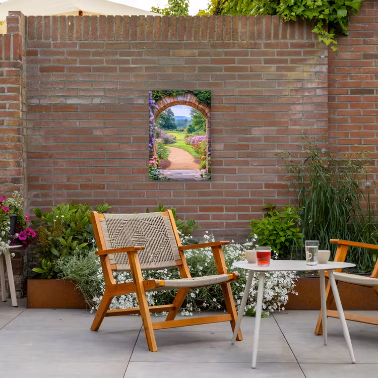 Doorkijk - Poort - Bloemen - Tuin Tuinposter op houten frame 2 cm dik klein -sfeer3