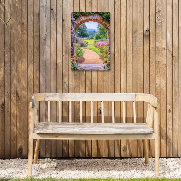Doorkijk - Poort - Bloemen - Tuin Tuinposter op houten frame 2 cm dik klein -sfeer4