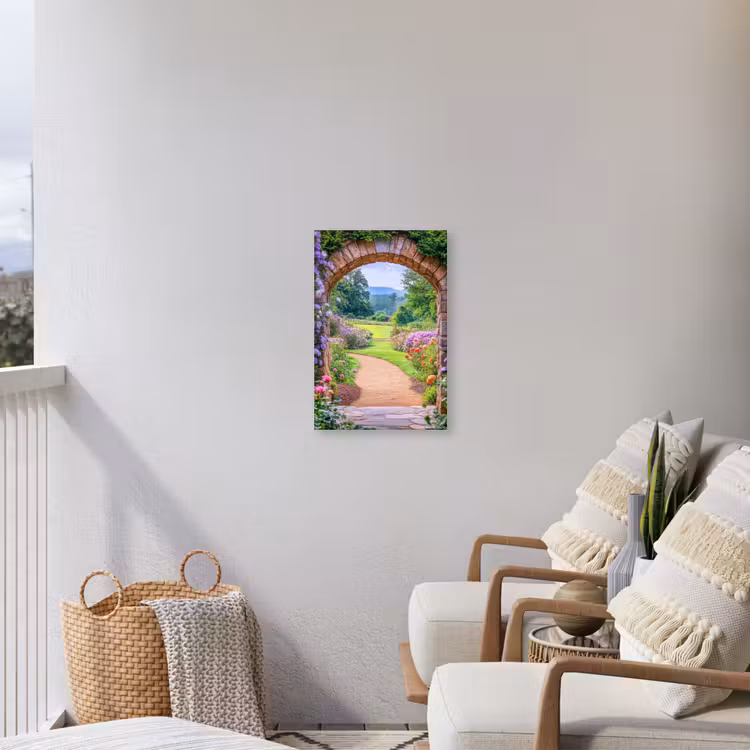 Doorkijk - Poort - Bloemen - Tuin Tuinposter op houten frame 2 cm dik klein -sfeer1