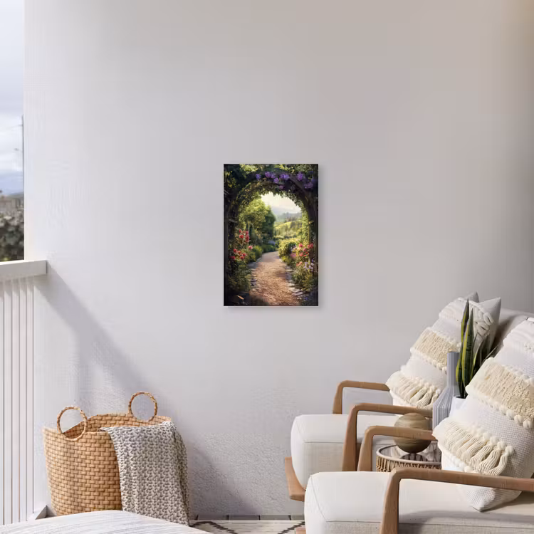 Doorkijk - Landschap - Bloemen - Tuinboog - Natuur Tuinposter op houten frame 2 cm dik klein -sfeer1