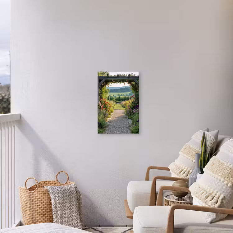 Doorkijk - Landschap - Natuur - Tuinboog - Bloemen Tuinposter op houten frame 2 cm dik klein -sfeer1