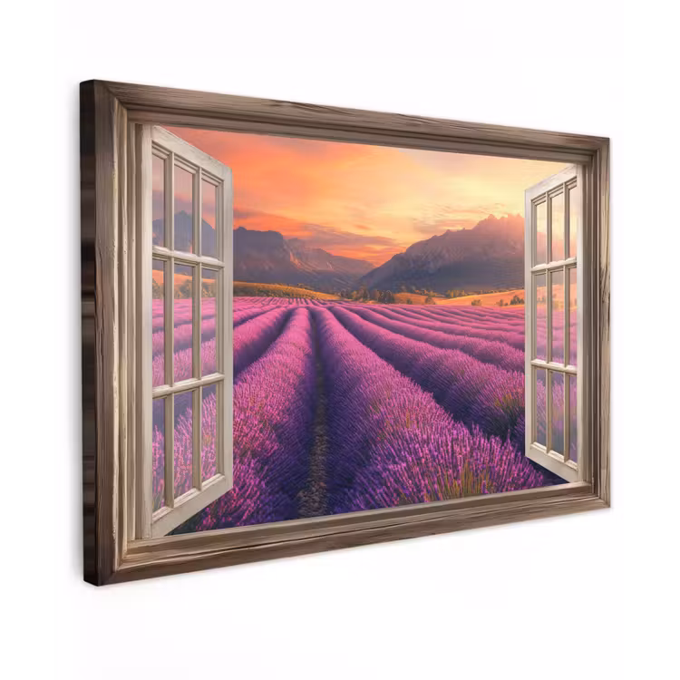 Doorkijk - Lavendel - Landschap - Bloemen - Paars Tuinposter op houten frame 2 cm dik klein -3d