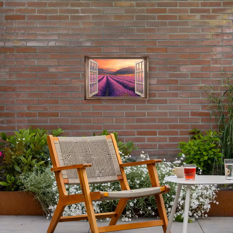 Doorkijk - Lavendel - Landschap - Bloemen - Paars Tuinposter op houten frame 2 cm dik klein -sfeer3