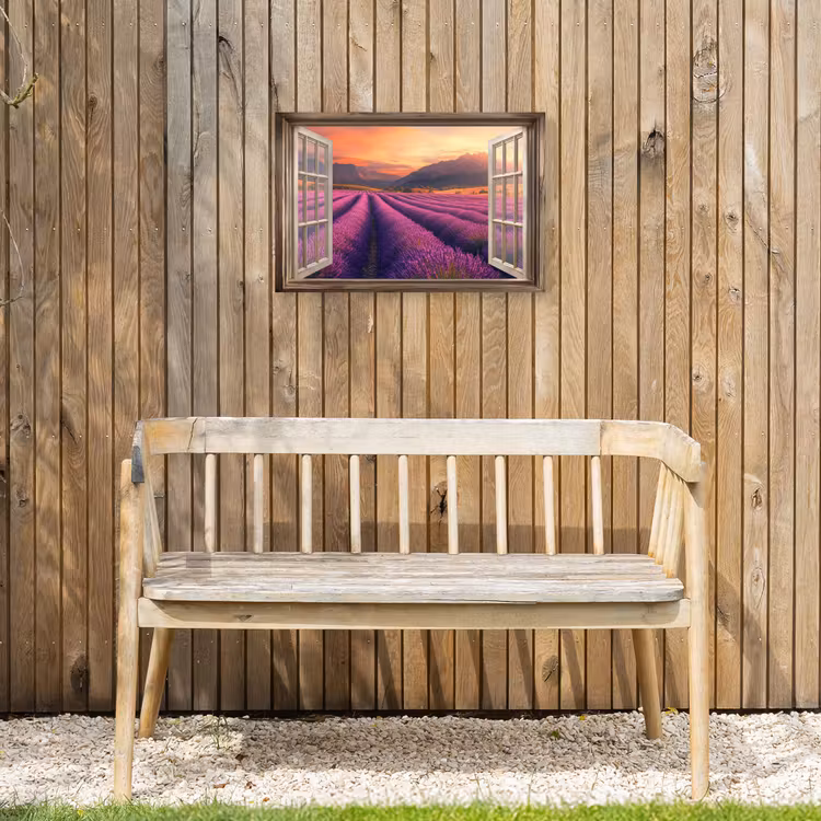 Doorkijk - Lavendel - Landschap - Bloemen - Paars Tuinposter op houten frame 2 cm dik klein -sfeer4