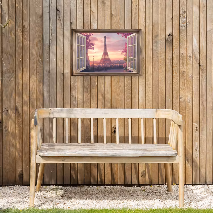 Doorkijk - Parijs - Eiffeltoren - Roze - Kersenbloesem Tuinposter op houten frame 2 cm dik klein -sfeer4
